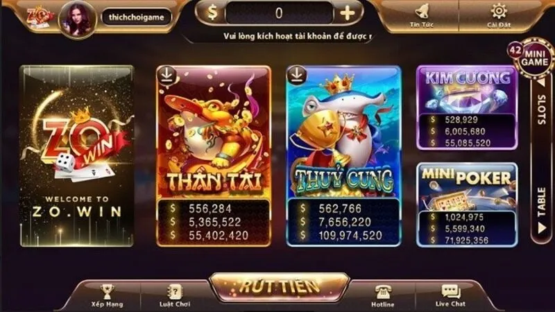 Giao diện trang chủ của Zowin